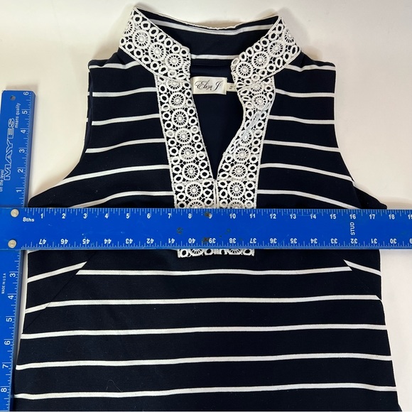 Eliza J striped a-line lace trim navy dark blue dress - Picture 7 of 10